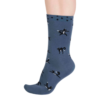 Thought Chai Bamboo Yoga Cats Socks Misty Blue 4-7